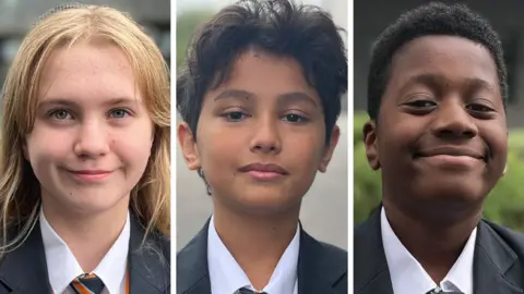 HOPE RHODES/BBC A composite image of three pupils - Savanna, Eros and Tyreese - looking and smiling at the camera in their school uniforms
