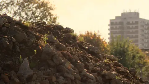 A pile of rubble with a block of flats in the background