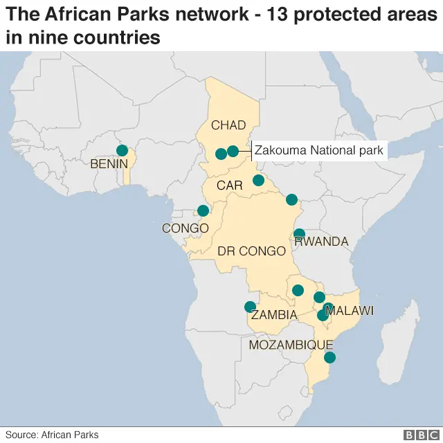 Map showing the African Parks network