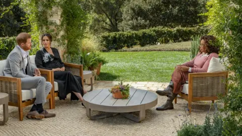 Harpo Productions/Joe Pugliese The Duke and Duchess of Sussex talk to Oprah Winfrey