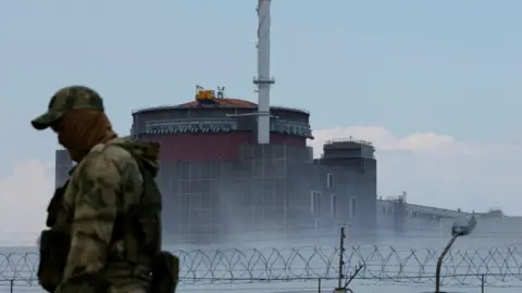 Reuters A serviceman with a Russian flag on his uniform stands guard near the Zaporizhzhia Nuclear Power Plant