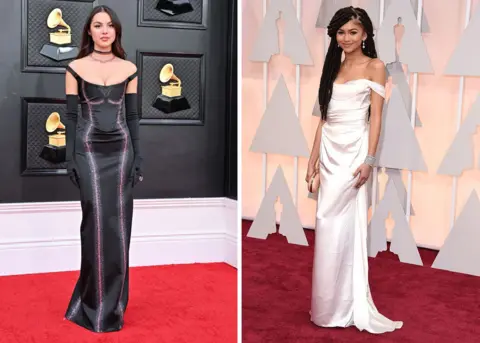 Getty Images Olivia Rodrigo at the Grammy Awards in Las Vegas in 2022; Zendaya arrives at the Academy Awards in Hollywood in 2015